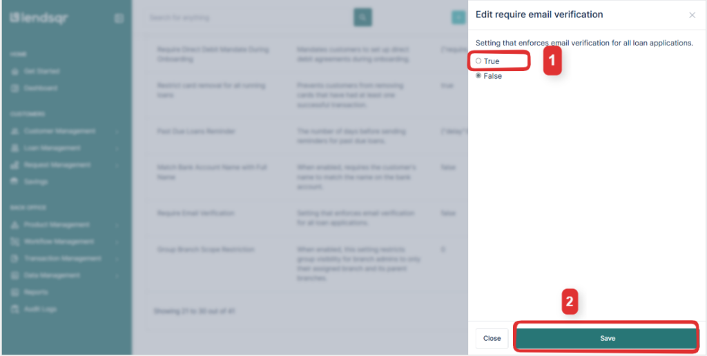 Lendsqr admin console email verification setting modal with True selected and the Update button visible