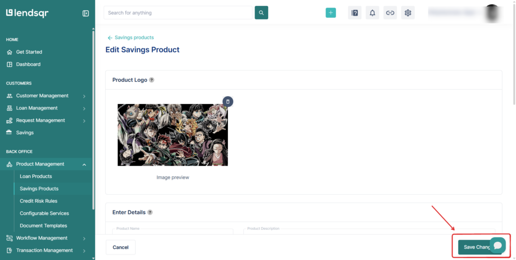 Lendsqr admin console savings product page showing the save changes button