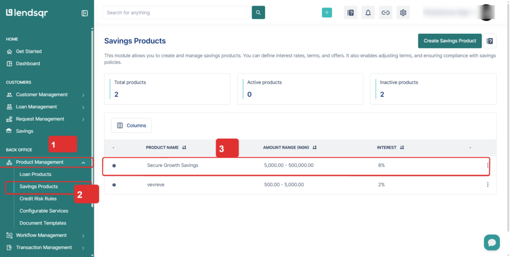Lendsqr admin console showing how to navigate to a savings product