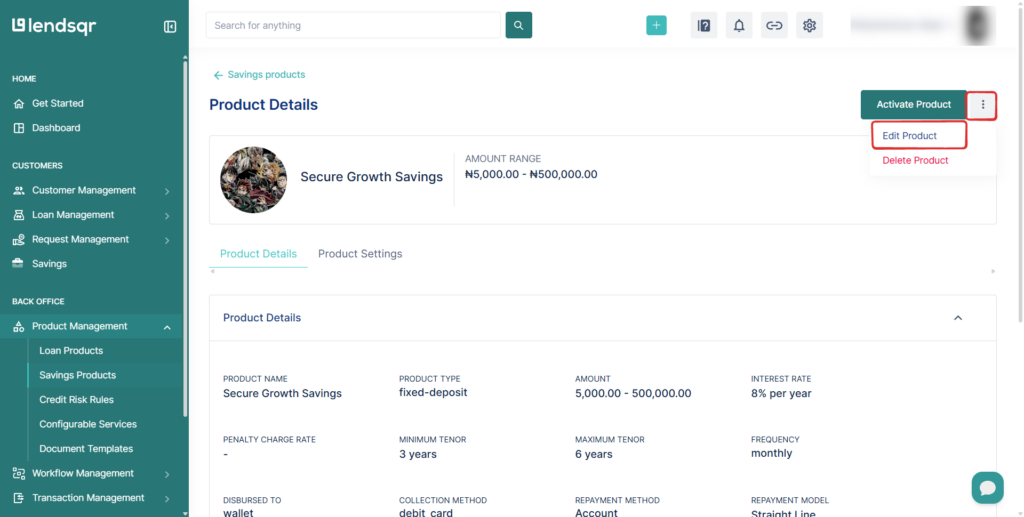 Lendsqr admin console showing how to navigate to the edit button for a savings product