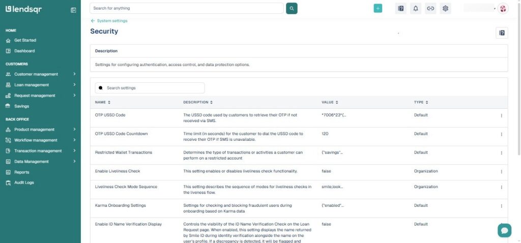 Security settings for security checks