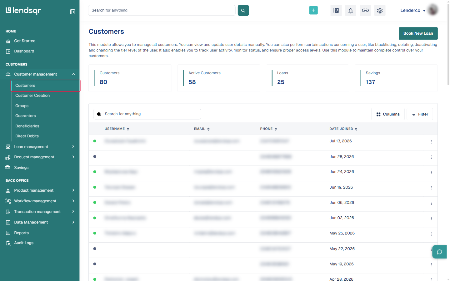 Screenshot of the Lendsqr admin console sidebar with Customer management expanded and Customers highlighted