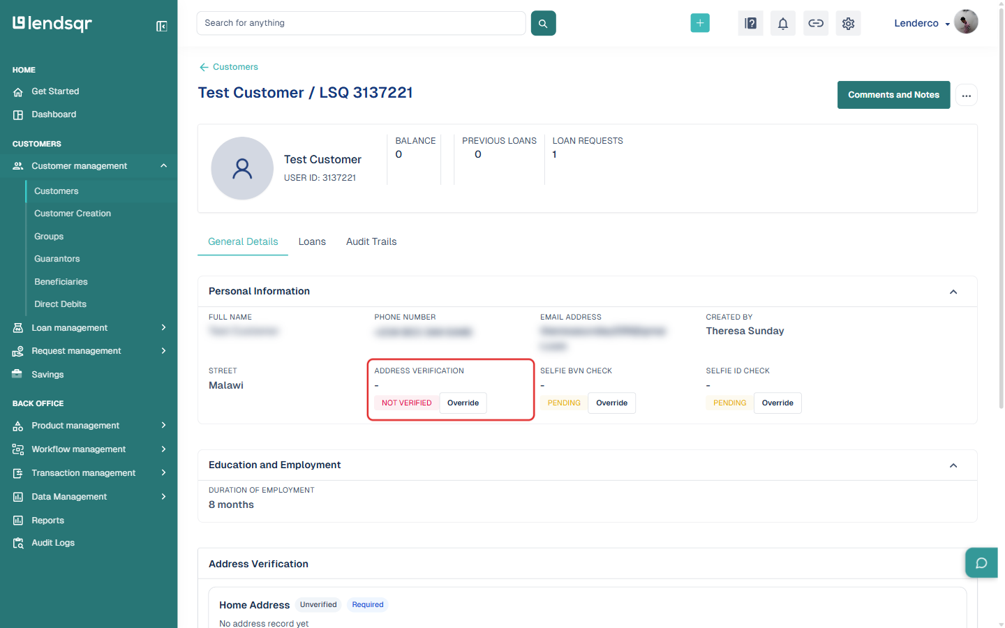 Screenshot of a customer's Personal Information panel showing the Address Verification field with a Not Verified status and Override button