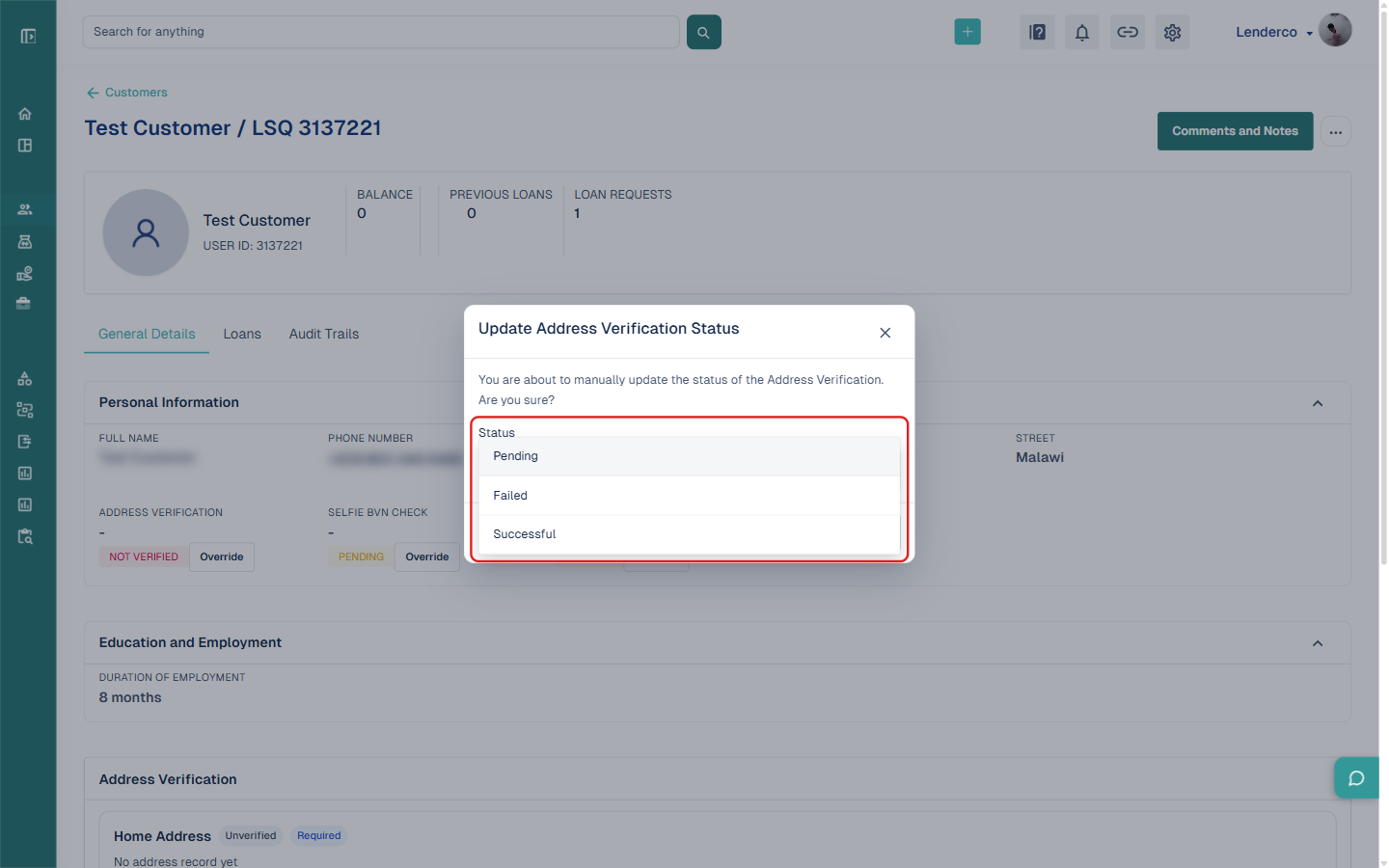 Screenshot of the Update Address Verification Status dialog with the Status dropdown open showing Pending, Failed, and Successful options