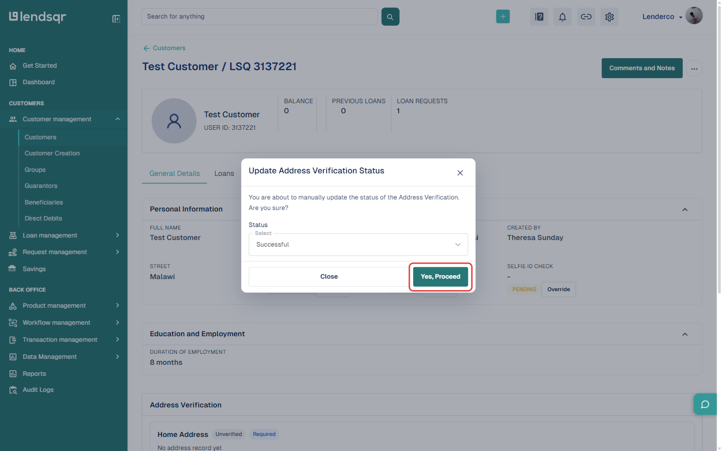 Screenshot of the Update Address Verification Status dialog with Successful selected in the Status dropdown and the Yes, Proceed button enabled