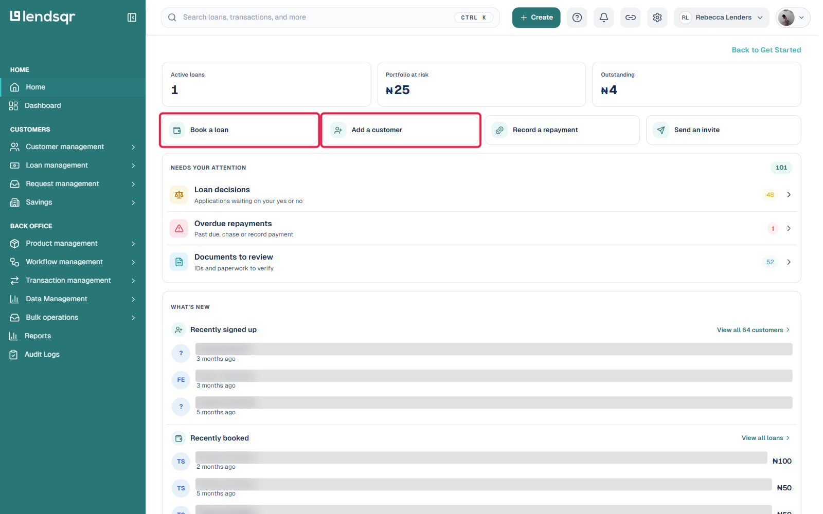 Lendsqr Home dashboard with the Book a loan and Add a customer quick-action buttons highlighted