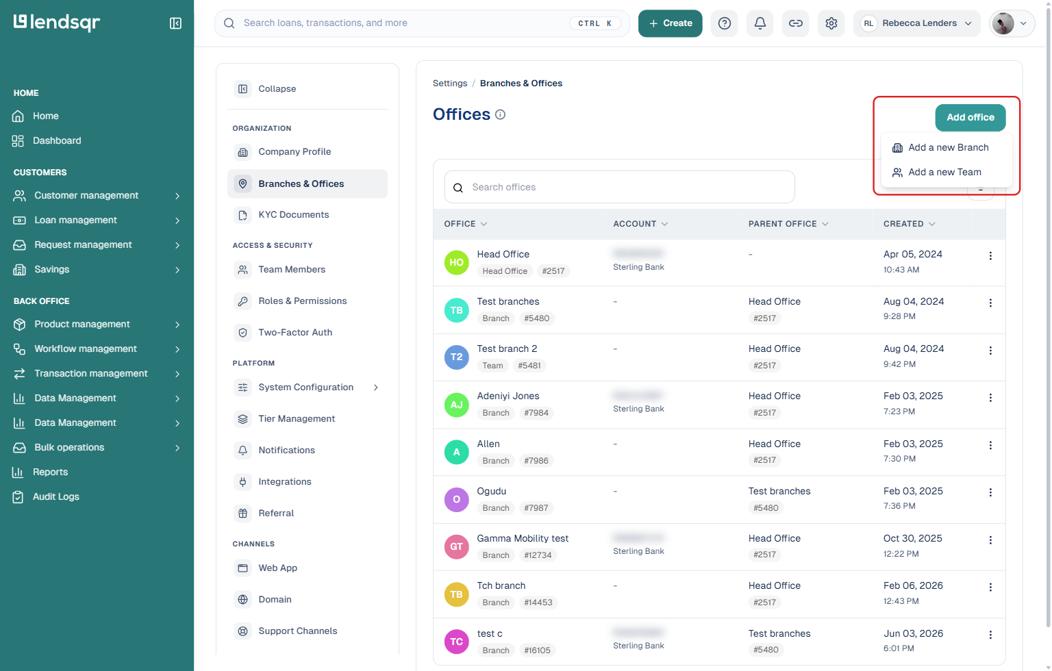Lendsqr admin console Offices page with the Add office button open, showing Add a new Branch and Add a new Team options