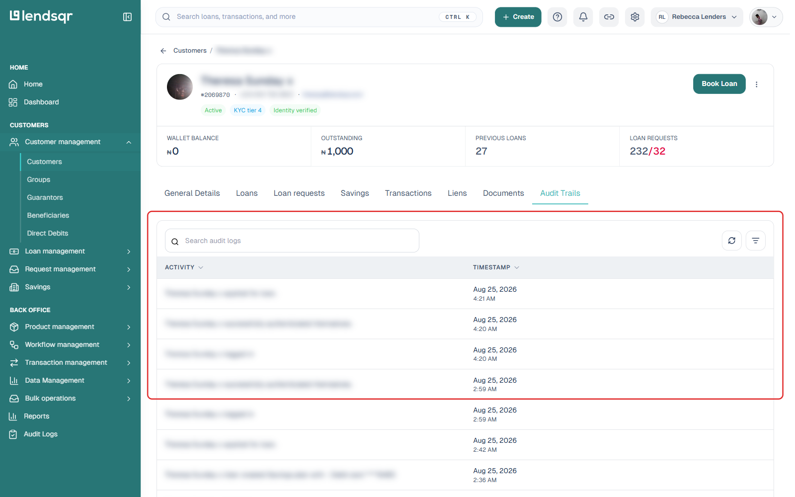Audit Trails tab on a customer profile, showing a table of logged activity with Activity and Timestamp columns