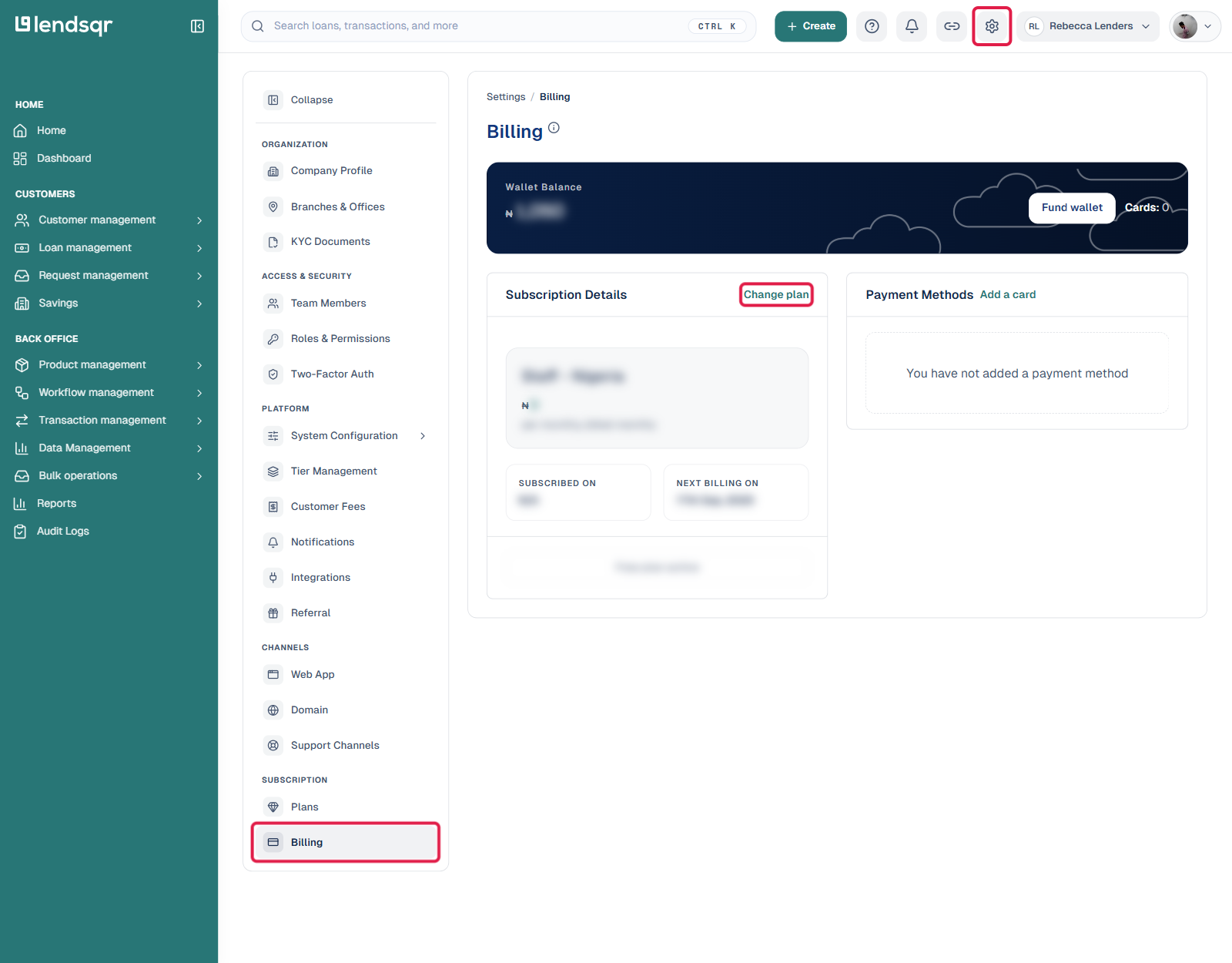Settings Billing page showing Wallet Balance and Subscription Details with the Change plan link highlighted, plan and billing details blurred, and Payment Methods