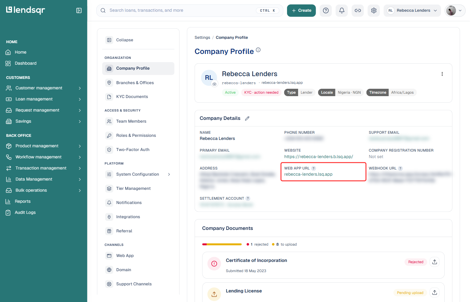 Lendsqr admin console Company Profile page with the Web App URL field highlighted under Company Details