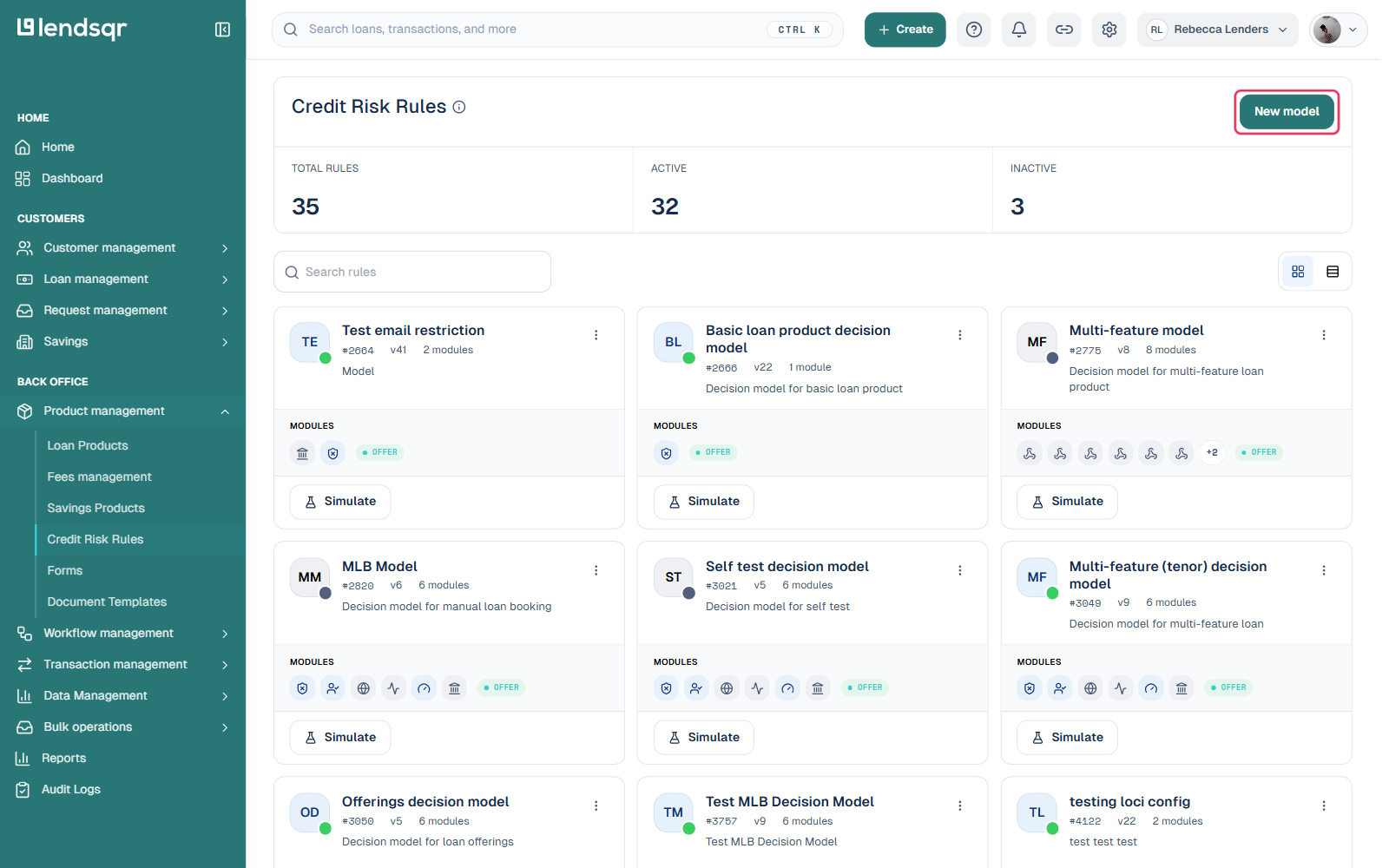 Credit Risk Rules page with the New model button in the top right