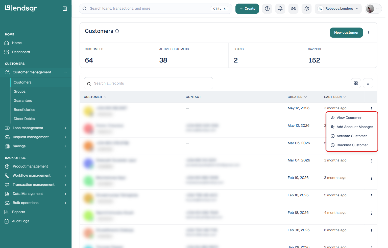 Lendsqr admin console Customers list with a row's more menu open, showing the Add Account Manager option