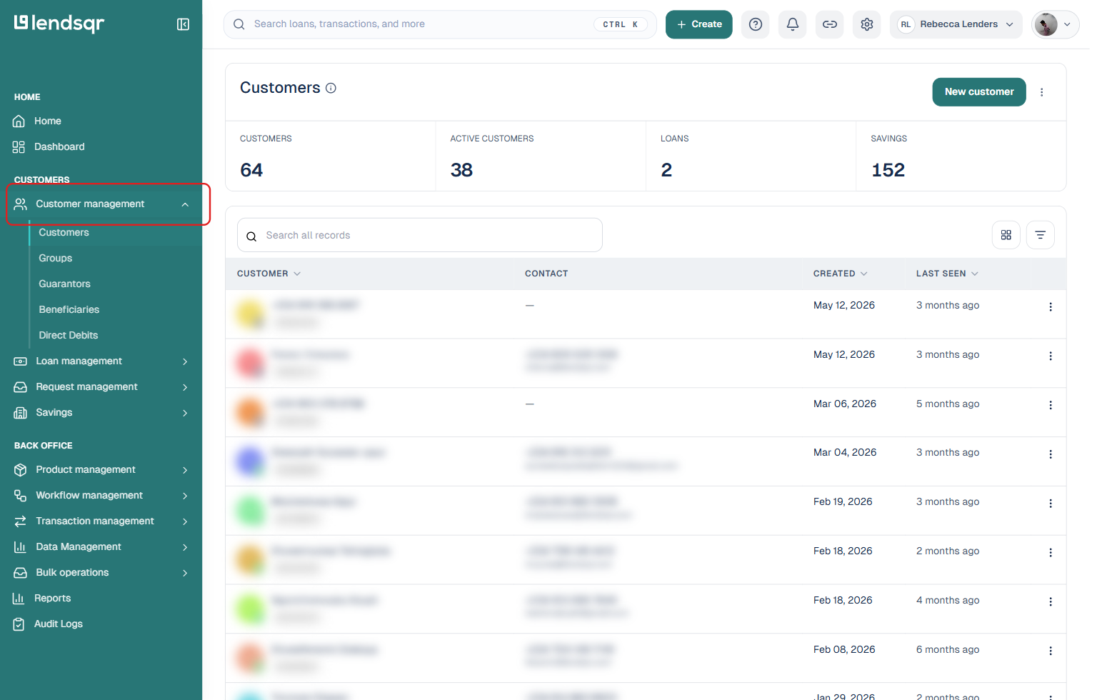 Lendsqr admin console with Customer management highlighted in the left-hand menu and the customer list open