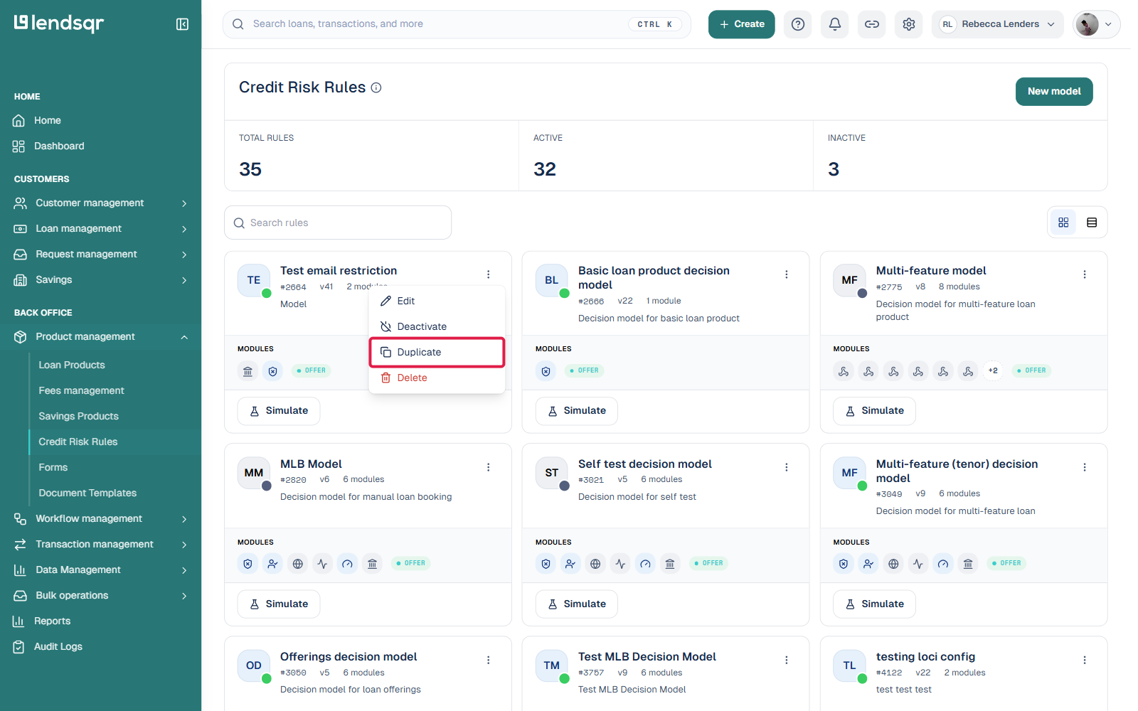 Credit Risk Rules page card grid with a rule's actions menu open, showing Edit, Deactivate, Duplicate, and Delete, with Duplicate highlighted