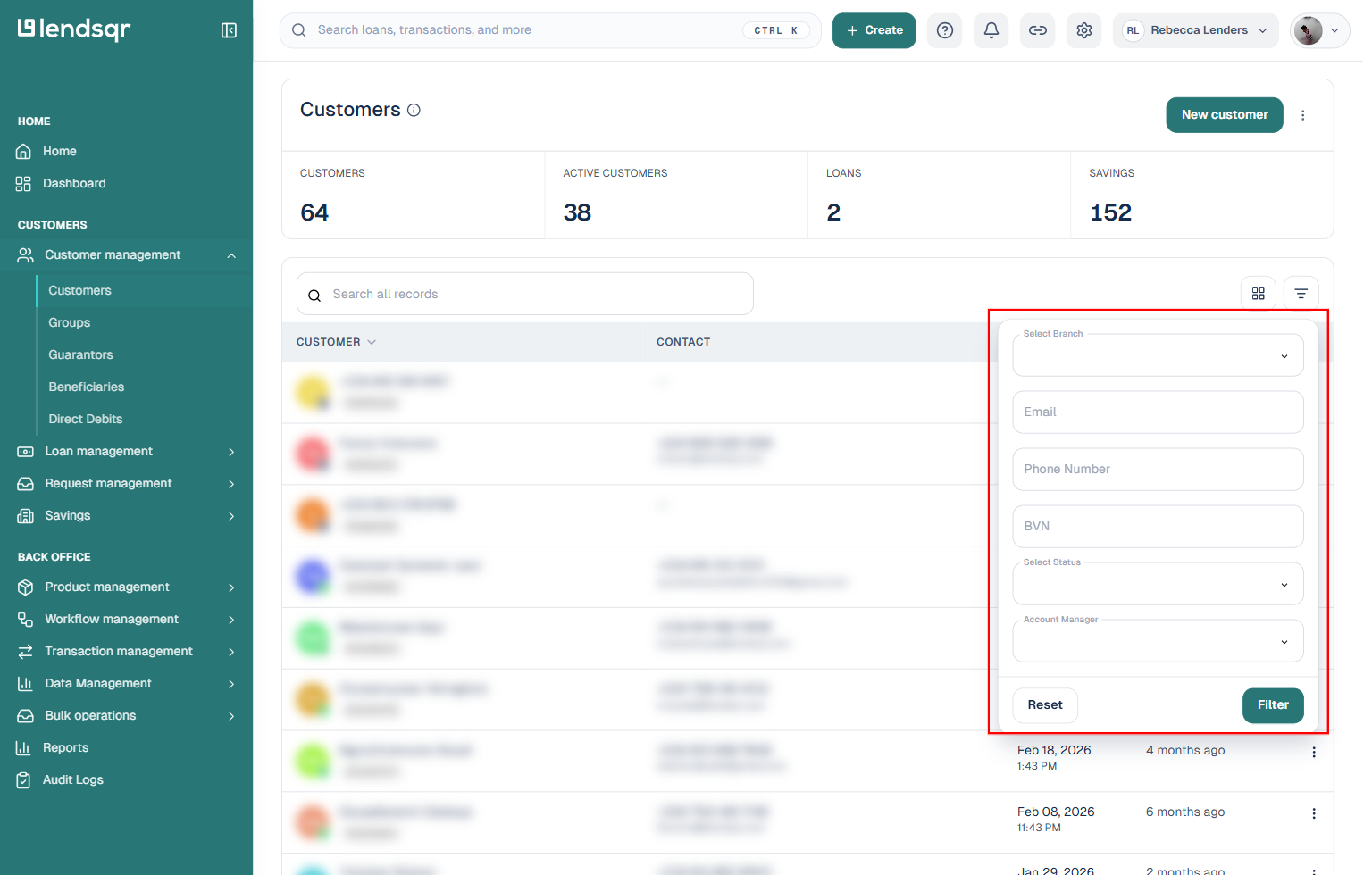 The Customers filter panel showing Select Branch, Email, Phone Number, BVN, Select Status, and Account Manager fields, with Reset and Filter buttons