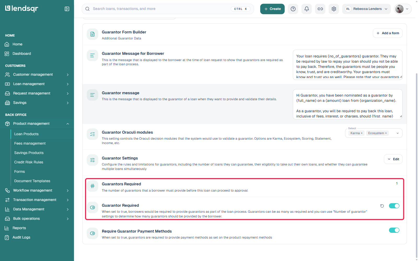 Product settings page filtered to Guarantor, showing Guarantors Required count and the Guarantor Required toggle switched on