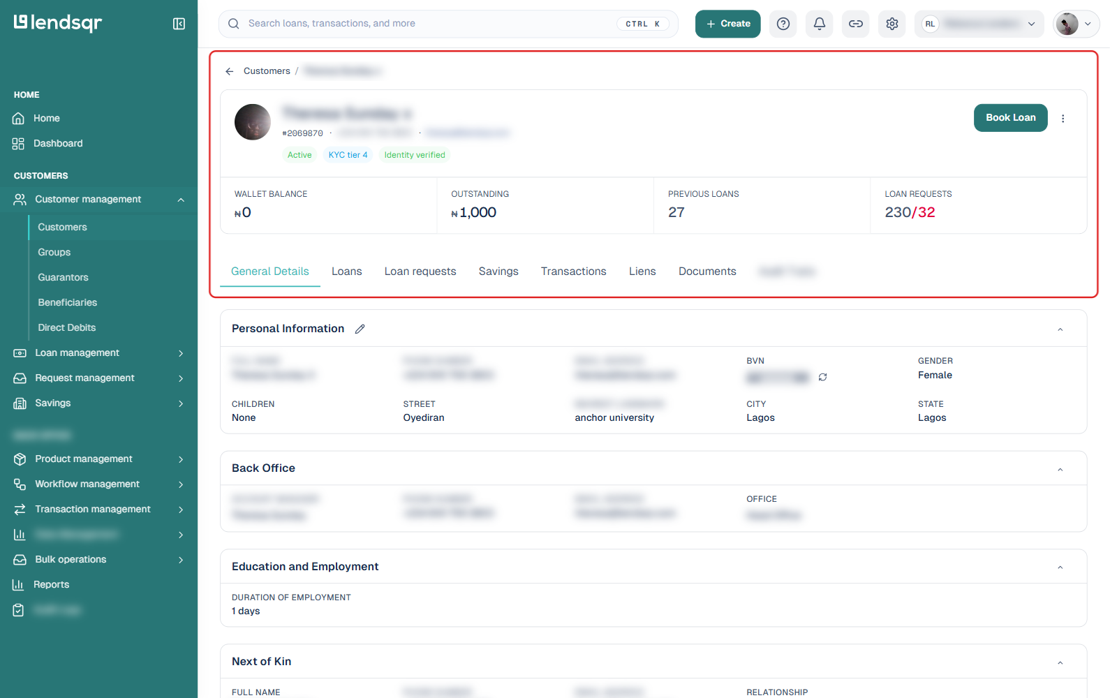 Customer profile page with the General Details tab open, showing Personal Information, Back Office, Education and Employment, Next of Kin, and Guarantors sections
