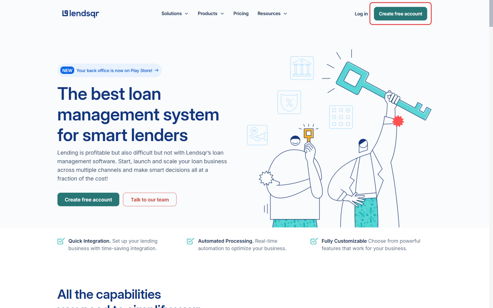 Lendsqr homepage with the Create free account button highlighted in the top right corner