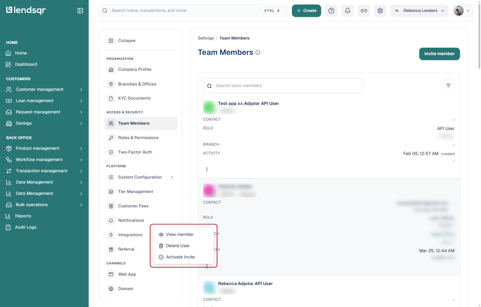 Lendsqr admin console Team Members row menu for an Inactive member, showing View member, Delete User, and Activate Invite