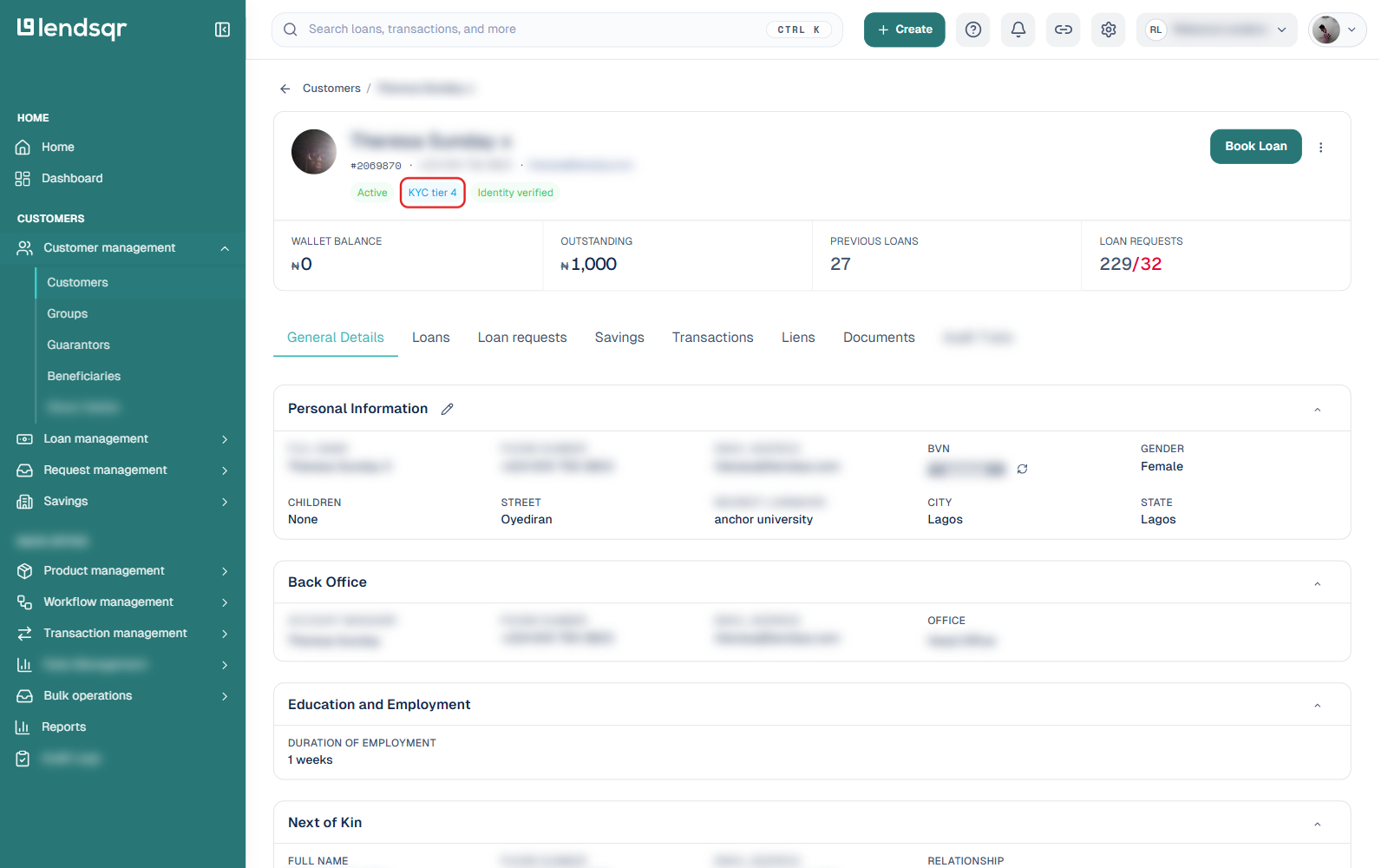 Customer profile header showing a KYC tier badge next to the Active and Identity verified badges