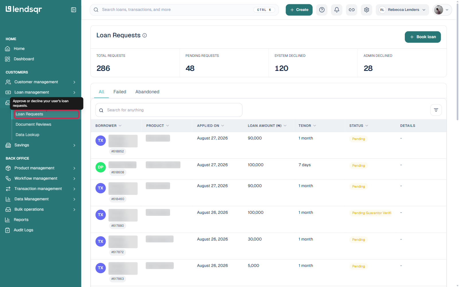 Loan Requests page under Request Management showing Total, Pending, System Declined, and Admin Declined counts and a table of pending loan requests