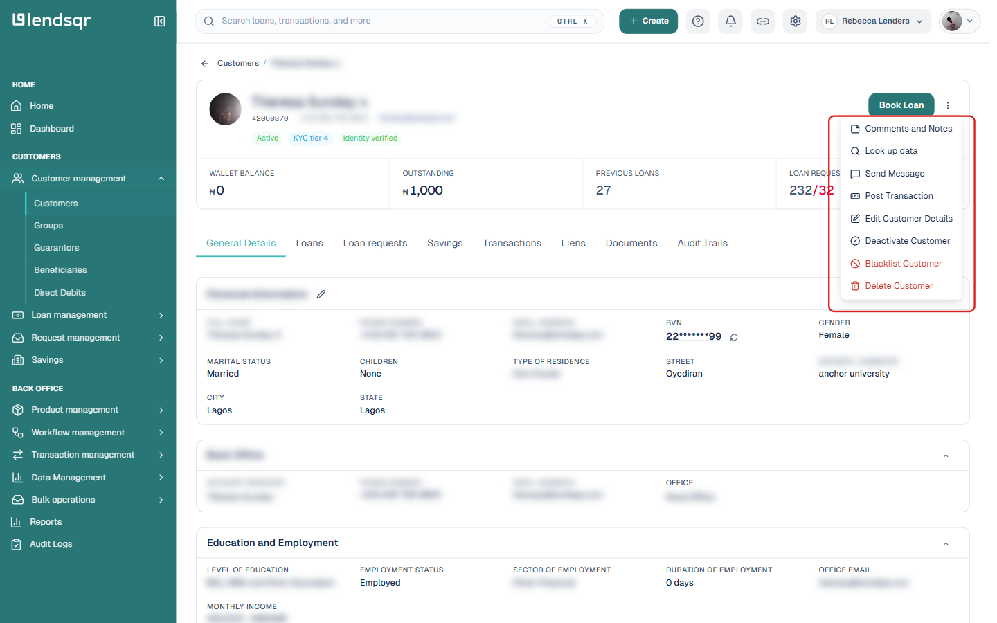 More actions menu on a customer profile, with Delete Customer listed alongside other account actions