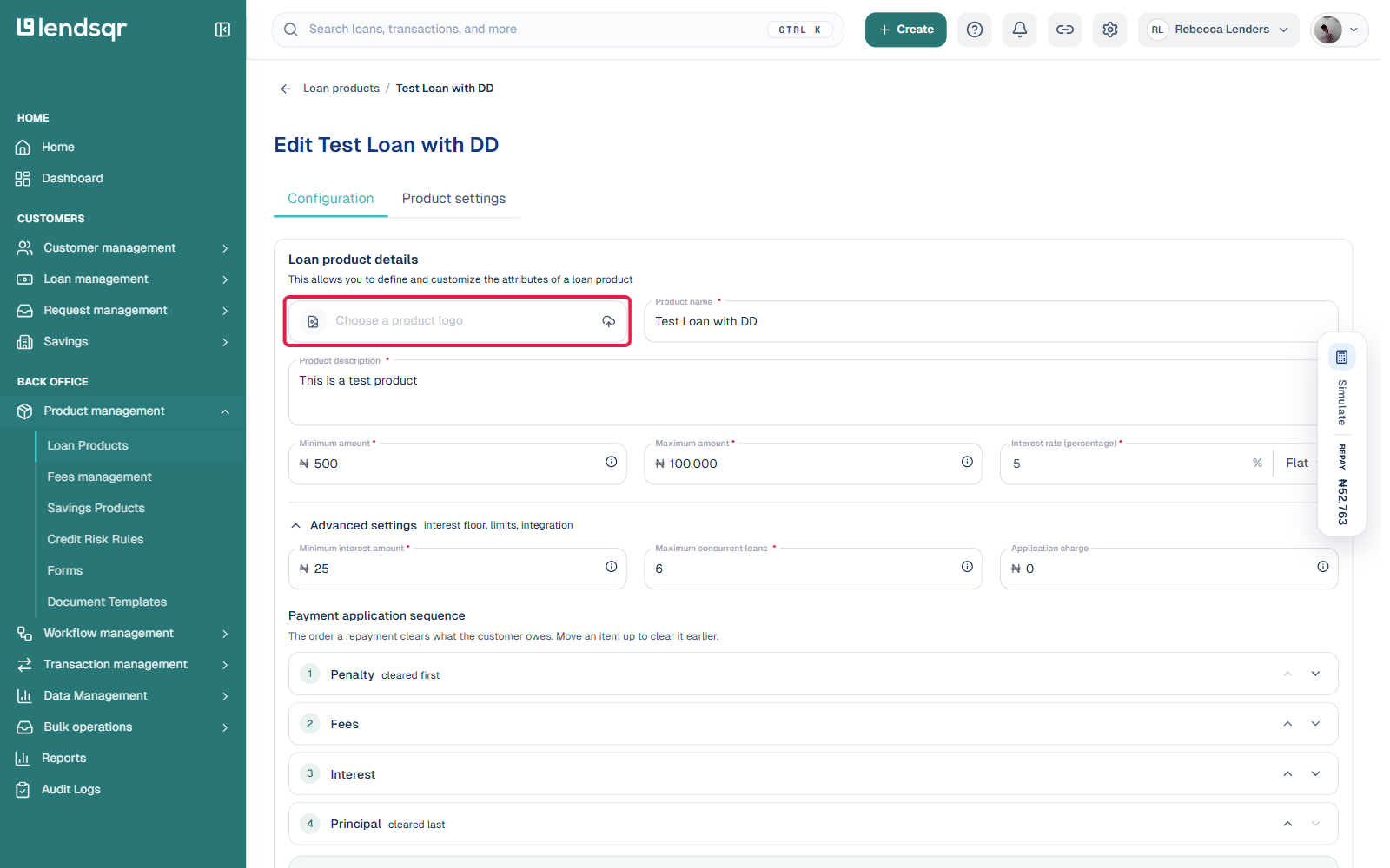 Loan product edit page with Choose a product logo upload field highlighted