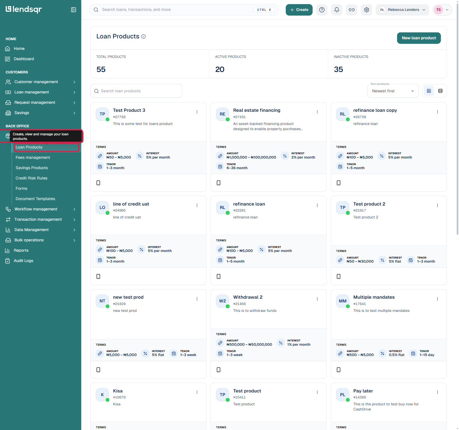 Lendsqr admin console with Product management and Loan Products navigation highlighted