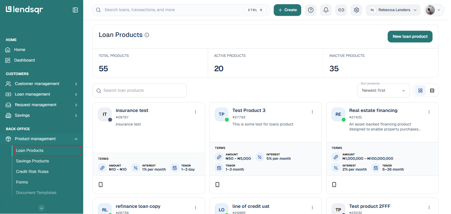 Lendsqr admin console with the Product management nav item and Loan Products sub-item highlighted