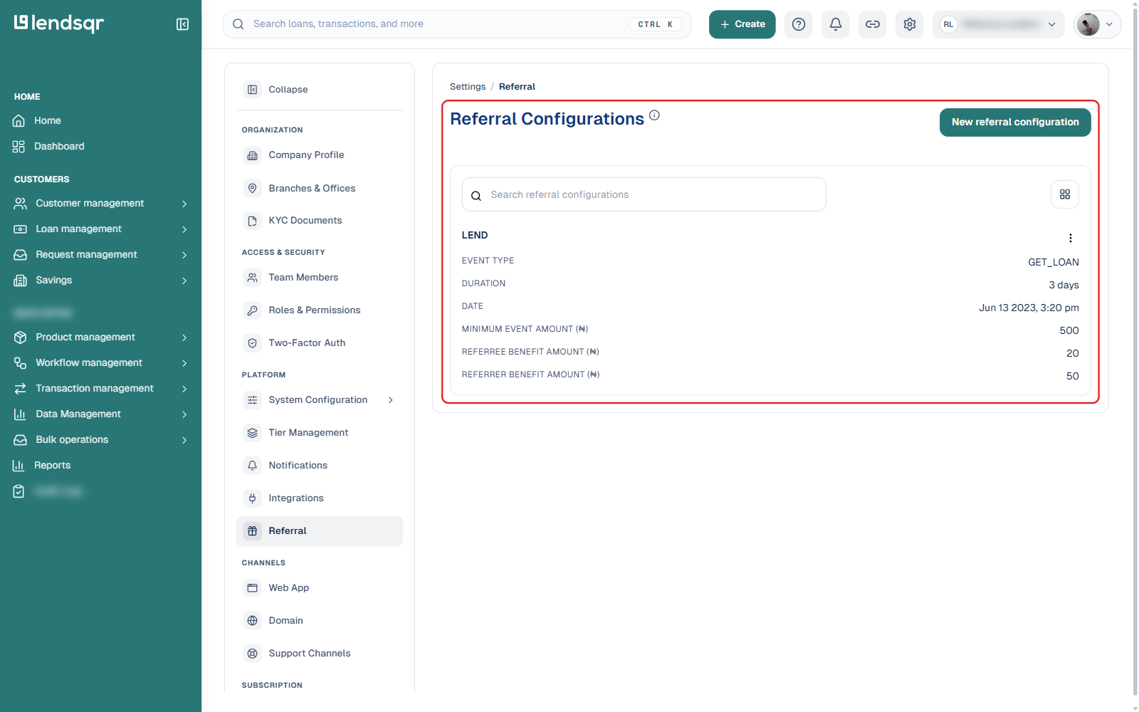 Referral Configurations page under Settings, Platform, Referral, showing a configuration with event type, duration, minimum event amount, and referee and referrer benefit amounts