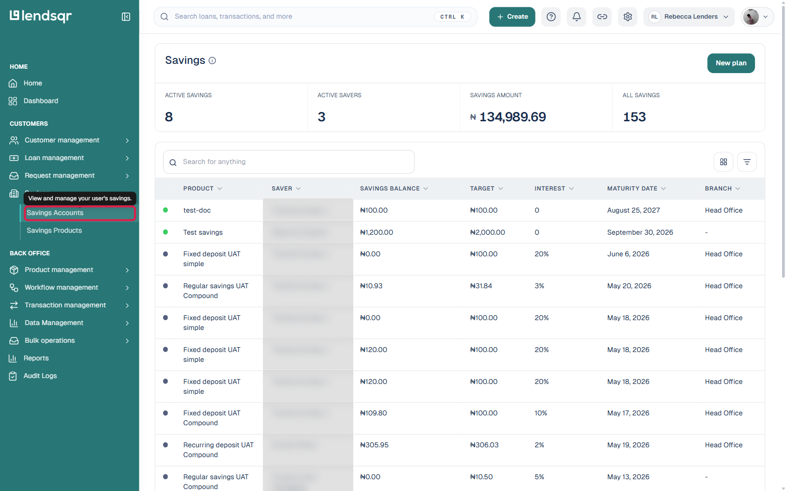 Savings page under the Savings nav section showing Active Savings, Active Savers, Savings Amount, and All Savings counts, a table of savings plans, and the Filter button highlighted