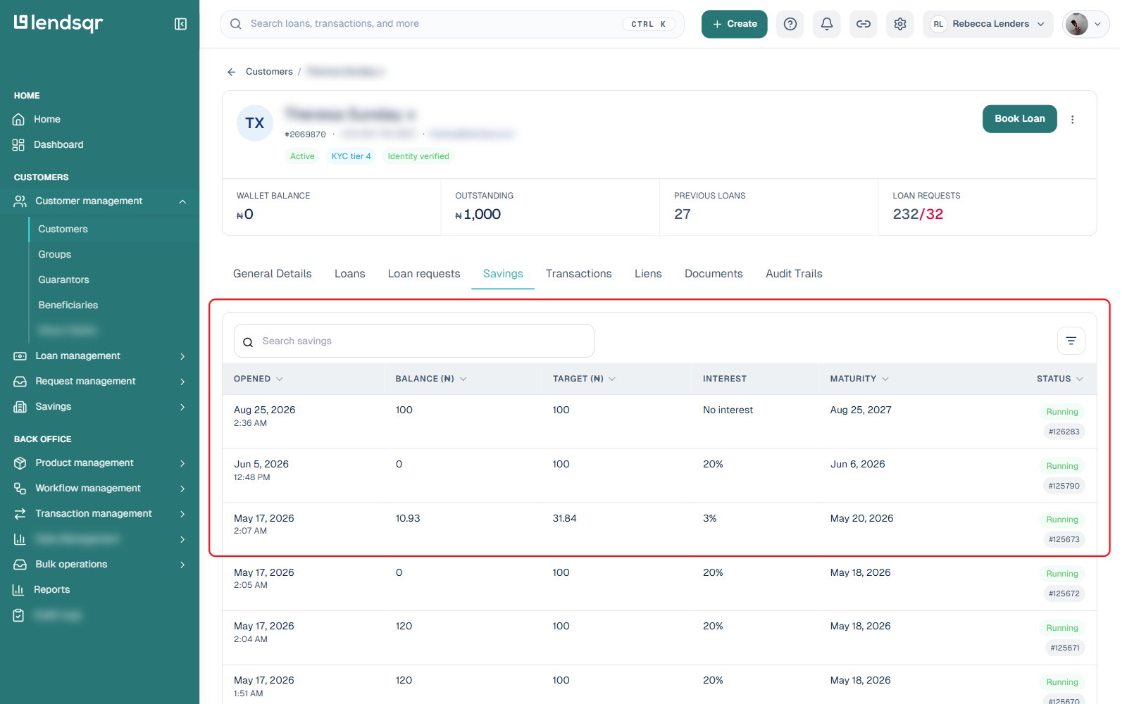 Customer profile with the Savings tab open, showing a list of savings plans with opened date, balance, target, interest, maturity, and status columns