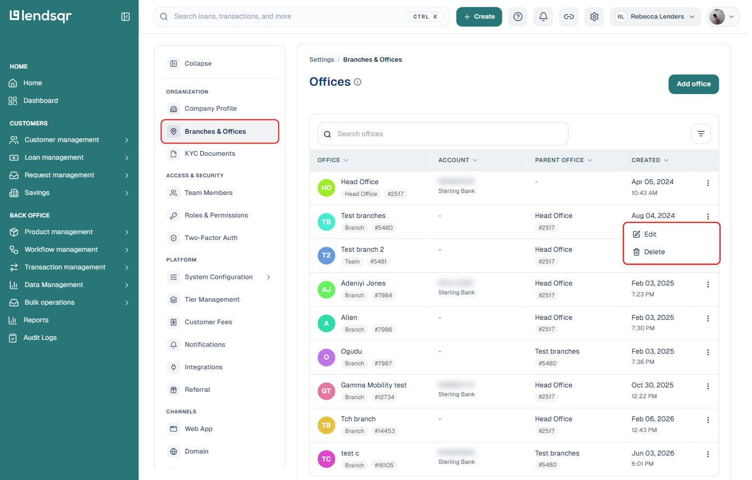 Lendsqr admin console with the Settings gear icon and Branches & Offices nav item highlighted, and a row's more menu open showing Edit and Delete options