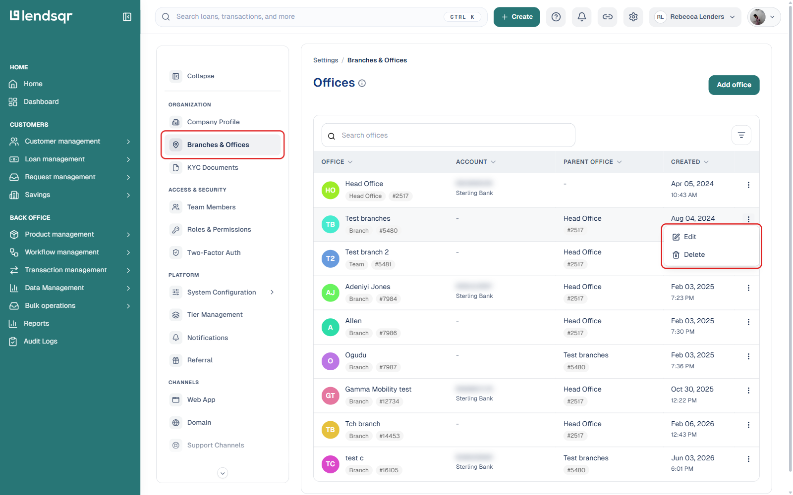 Lendsqr admin console Branches & Offices page with a row's more menu open, showing Edit and Delete options