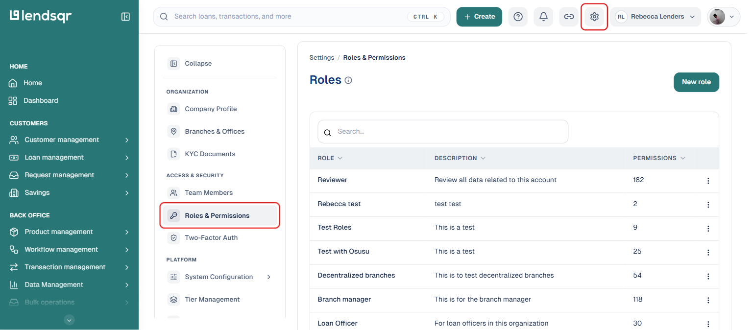 Lendsqr admin console with the Settings gear icon and Roles and Permissions nav item highlighted, showing the list of existing roles