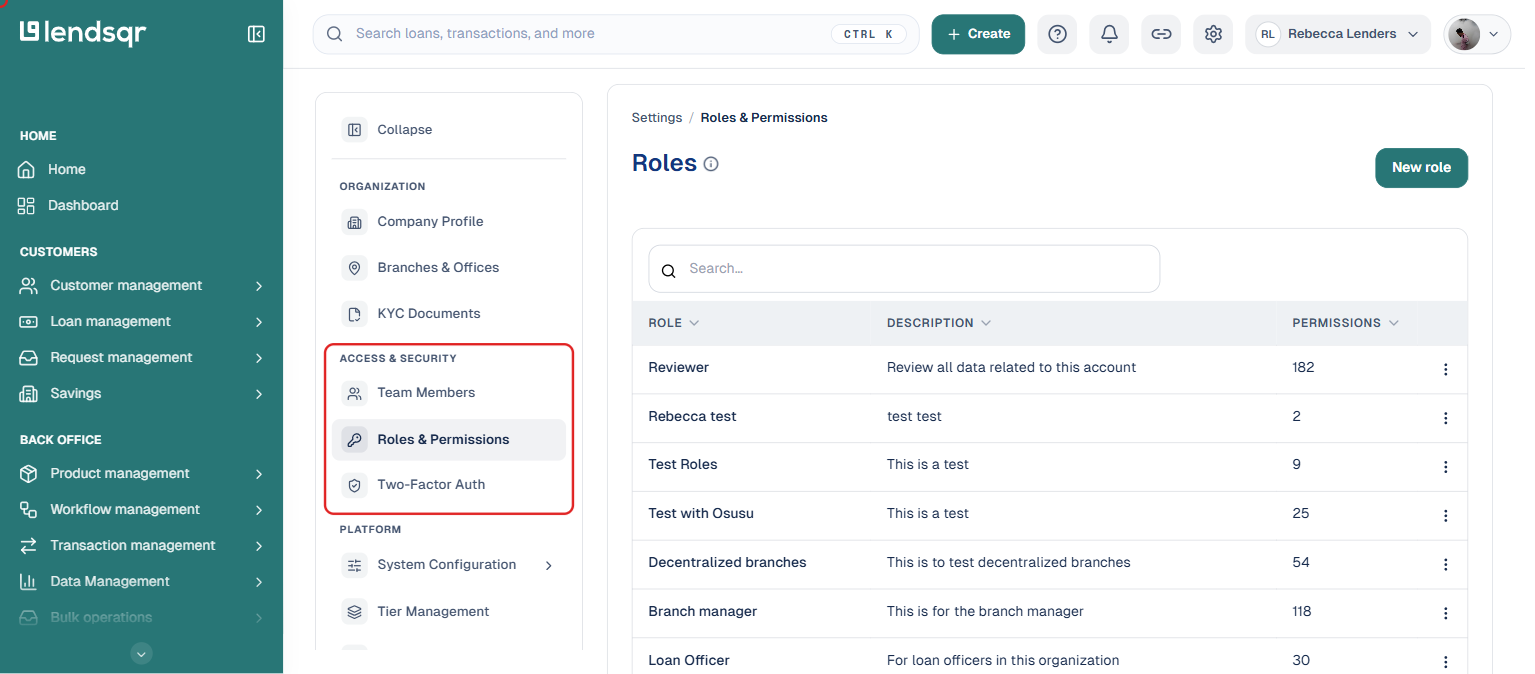 Lendsqr admin console with the Settings gear icon and Roles and Permissions nav item highlighted, showing the list of existing roles