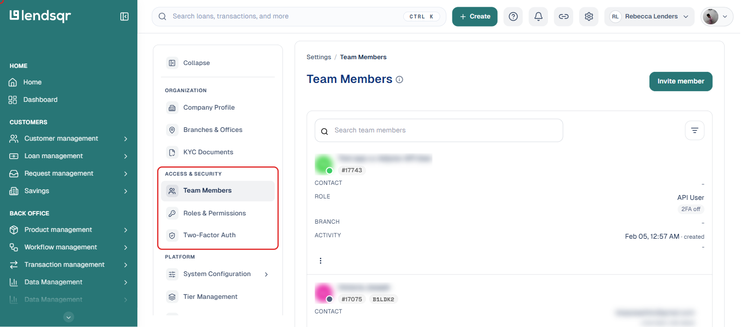 Lendsqr admin console with the Settings gear icon and Team Members nav item highlighted, showing the team members list with names and contact details blurred for privacy