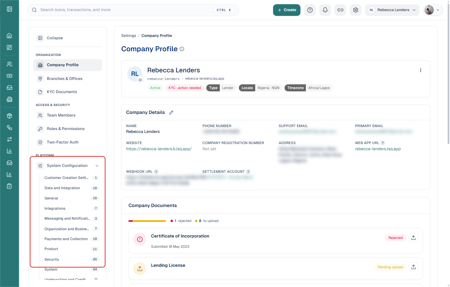 Lendsqr admin console Settings sidebar with System Configuration expanded, showing its list of setting categories