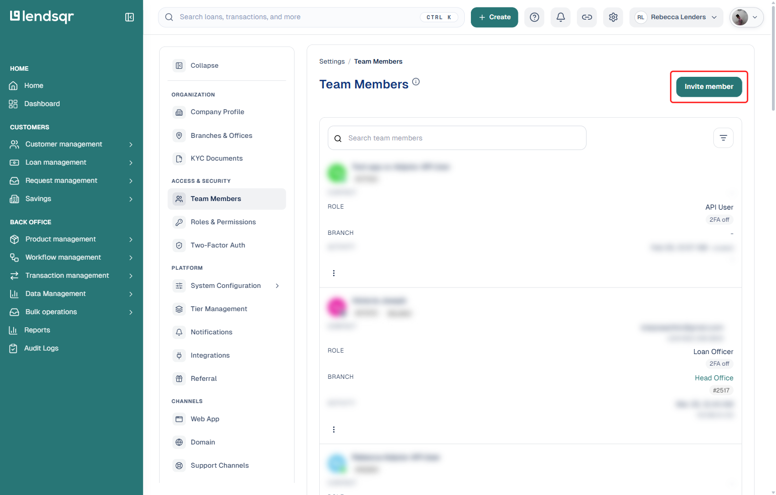 Lendsqr admin console Team Members page with the Invite member button highlighted