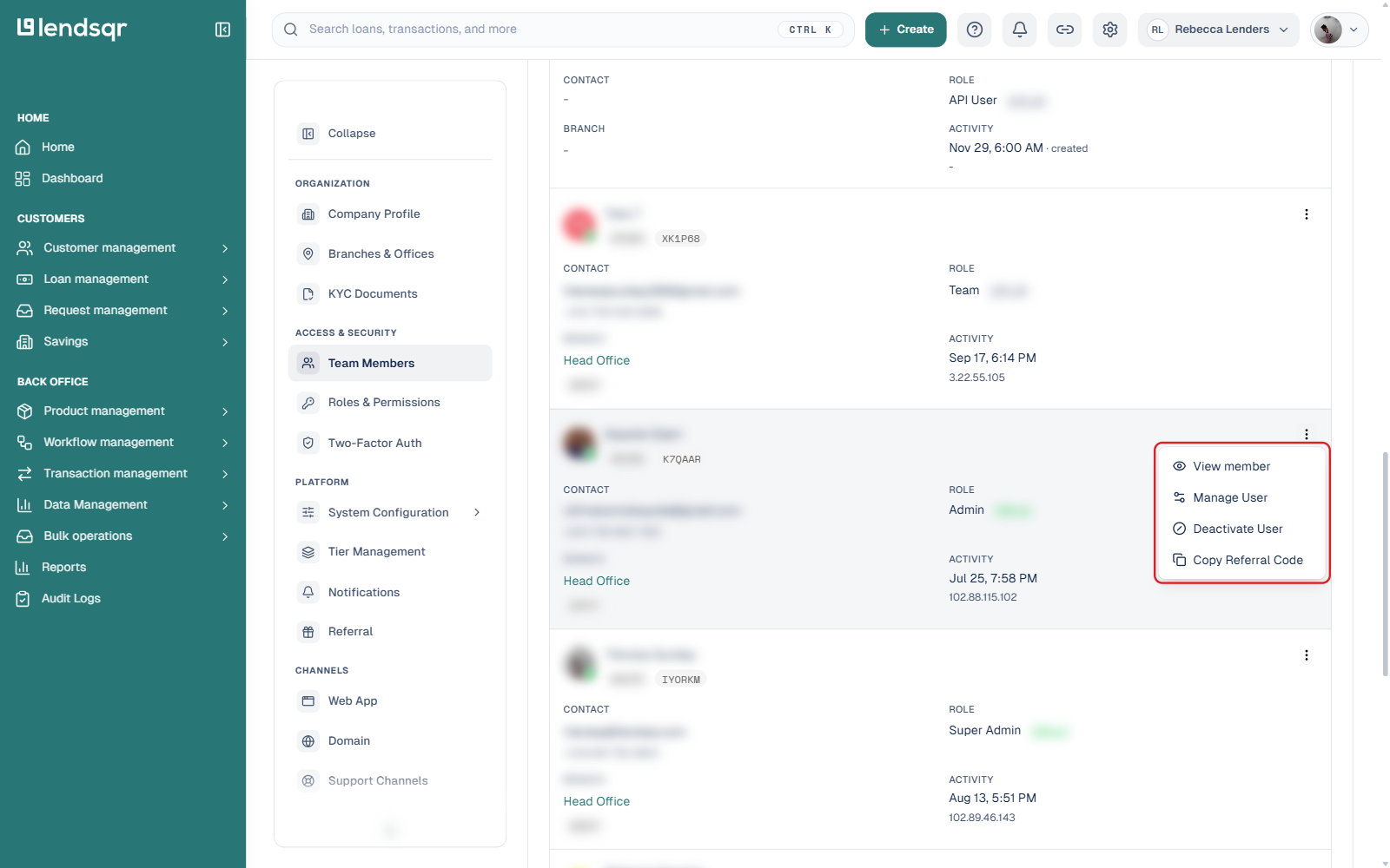 Lendsqr admin console Team Members page with a row's more menu open, showing the Manage User option
