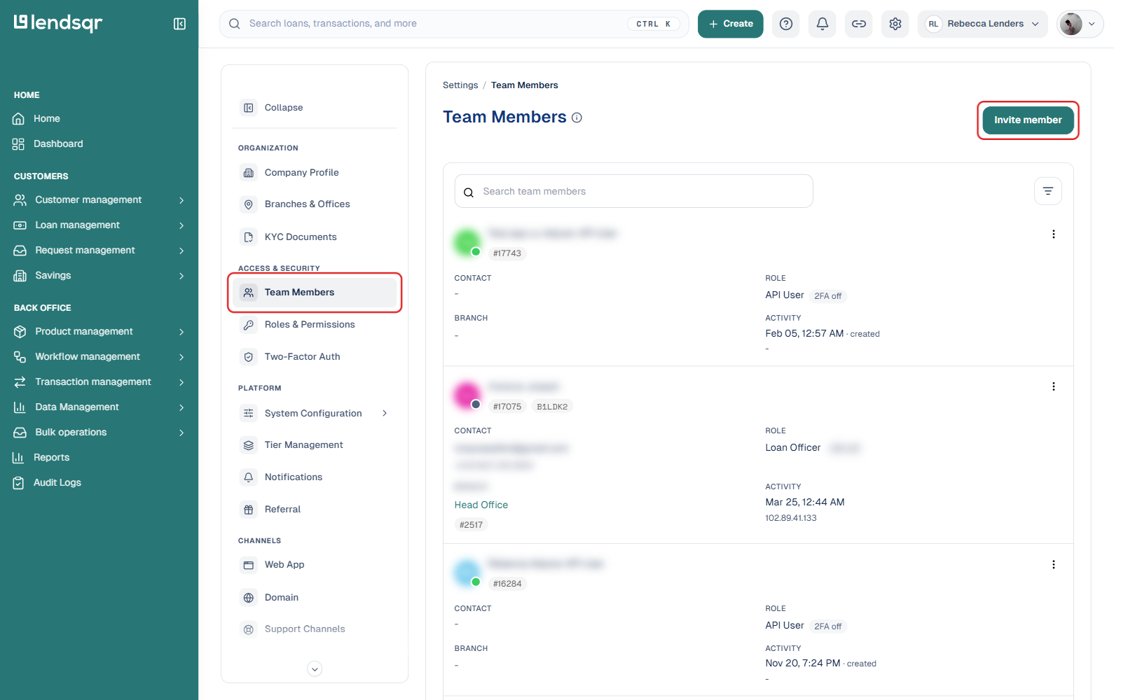 Lendsqr admin console with the Settings gear icon and Team Members nav item highlighted, and the Invite member button highlighted