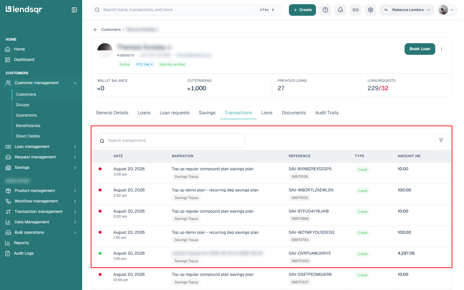 Transactions tab on a customer profile showing a list of transactions with date, narration, reference, type, and amount columns