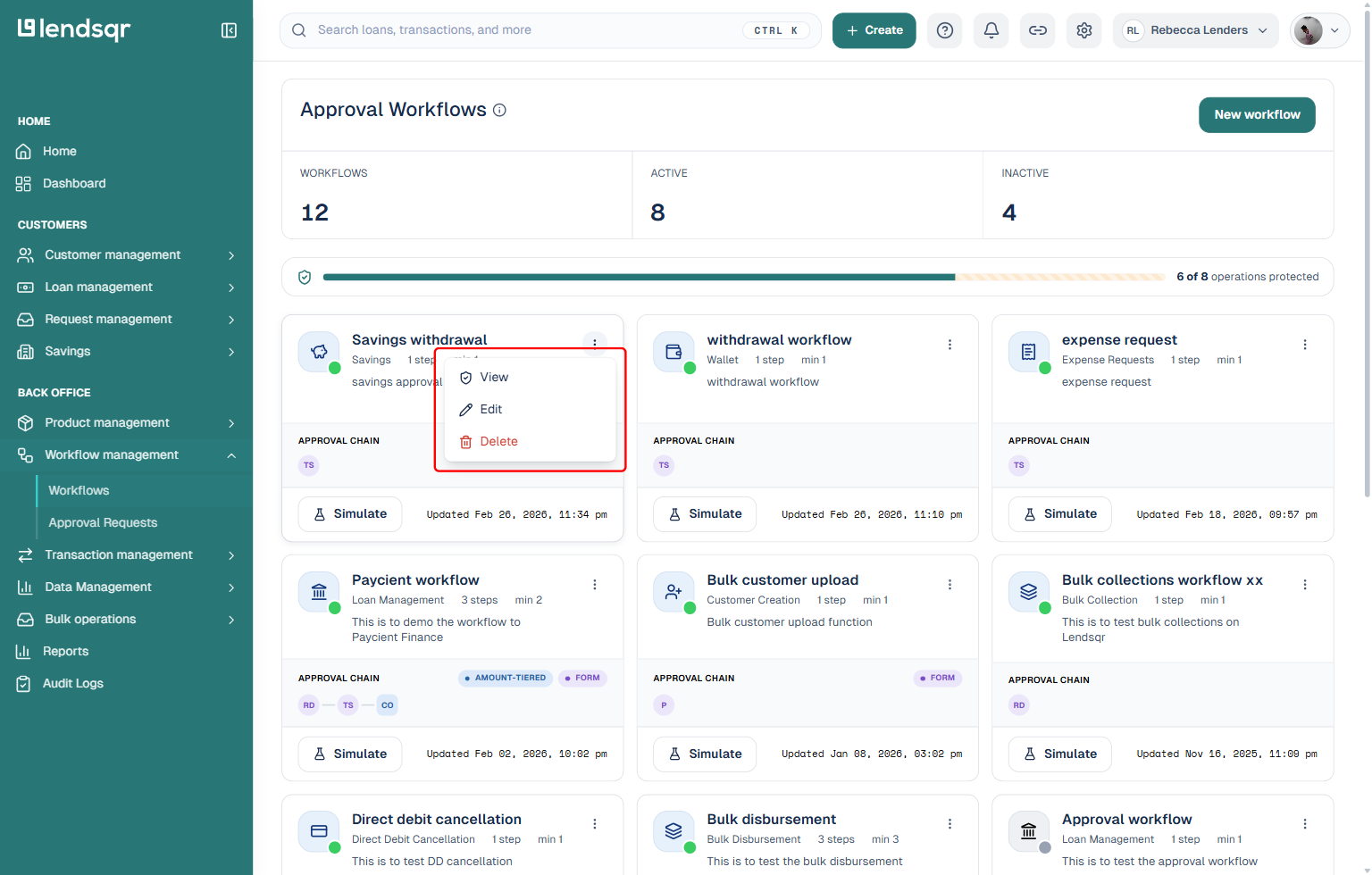 Lendsqr admin console Approval Workflows page with a workflow's three-dot Workflow actions menu open, showing View, Edit, and Delete options