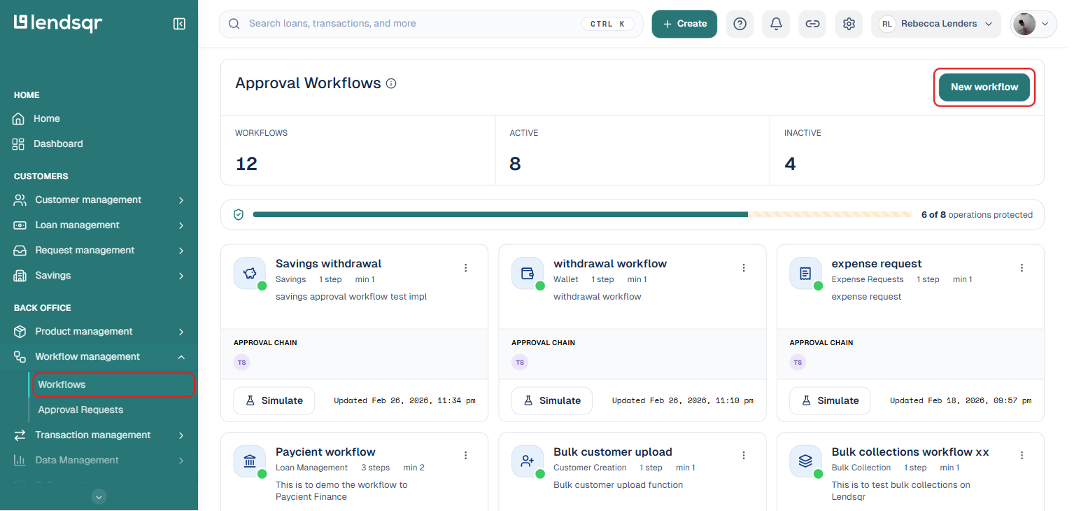 Lendsqr admin console with the Workflow management nav item, Workflows sub-item, and New workflow button highlighted