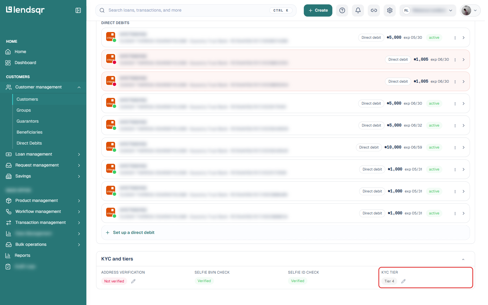 KYC and tiers section with the KYC tier field showing Tier 4 and a pencil Edit status icon beside it, not yet clicked