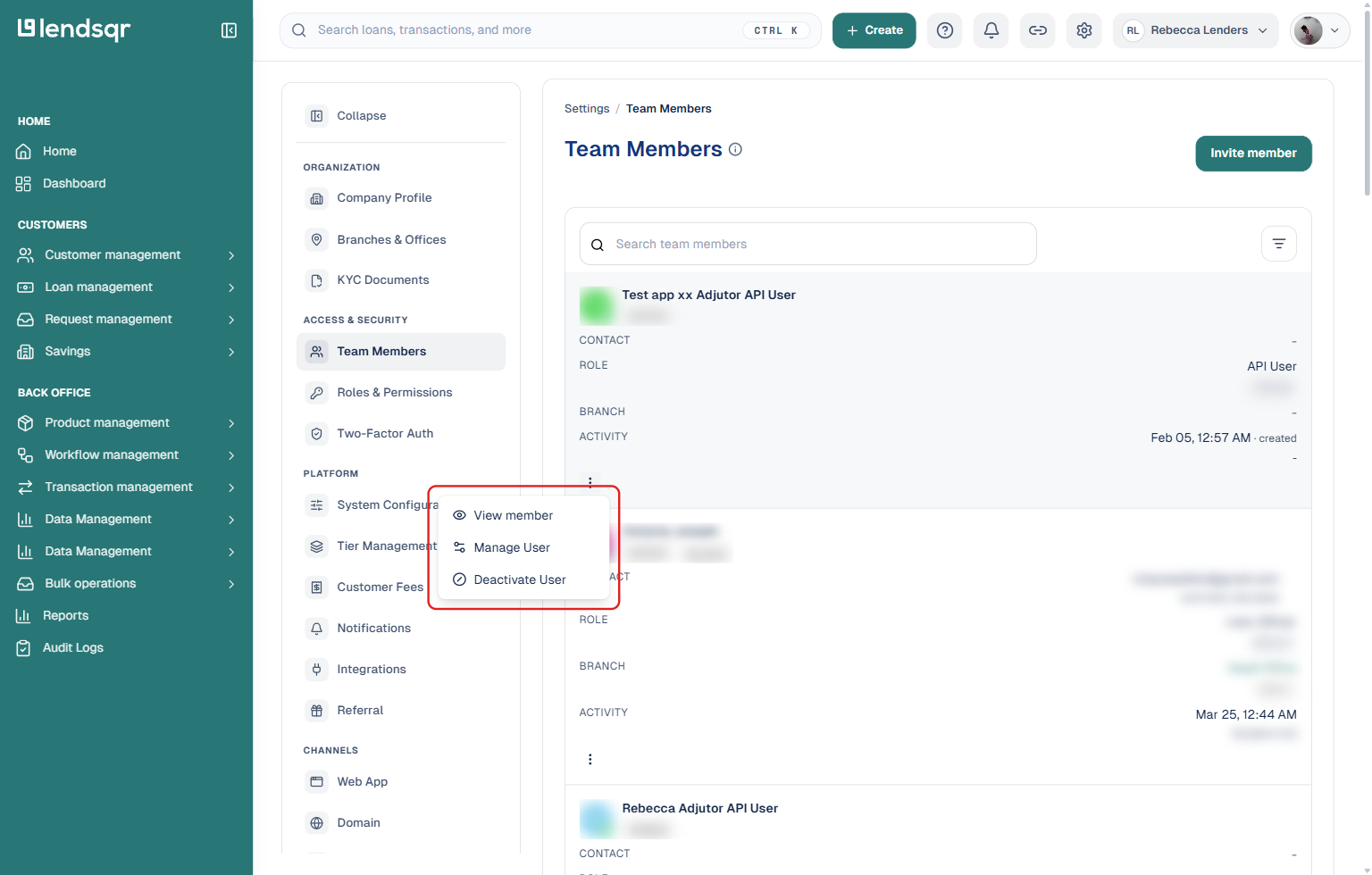 Lendsqr admin console Team Members row menu for an Active member, showing View member, Manage User, and Deactivate User