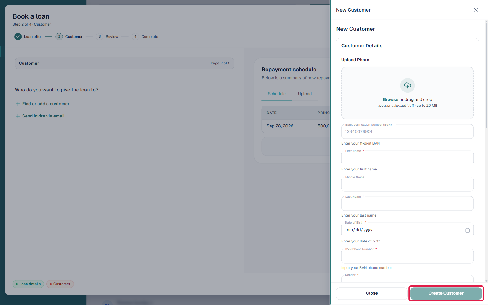 New Customer side panel opened from the Book a loan wizard, showing Customer Details, Contact Details, Bank Details, and Back Office Details sections for manually creating a borrower