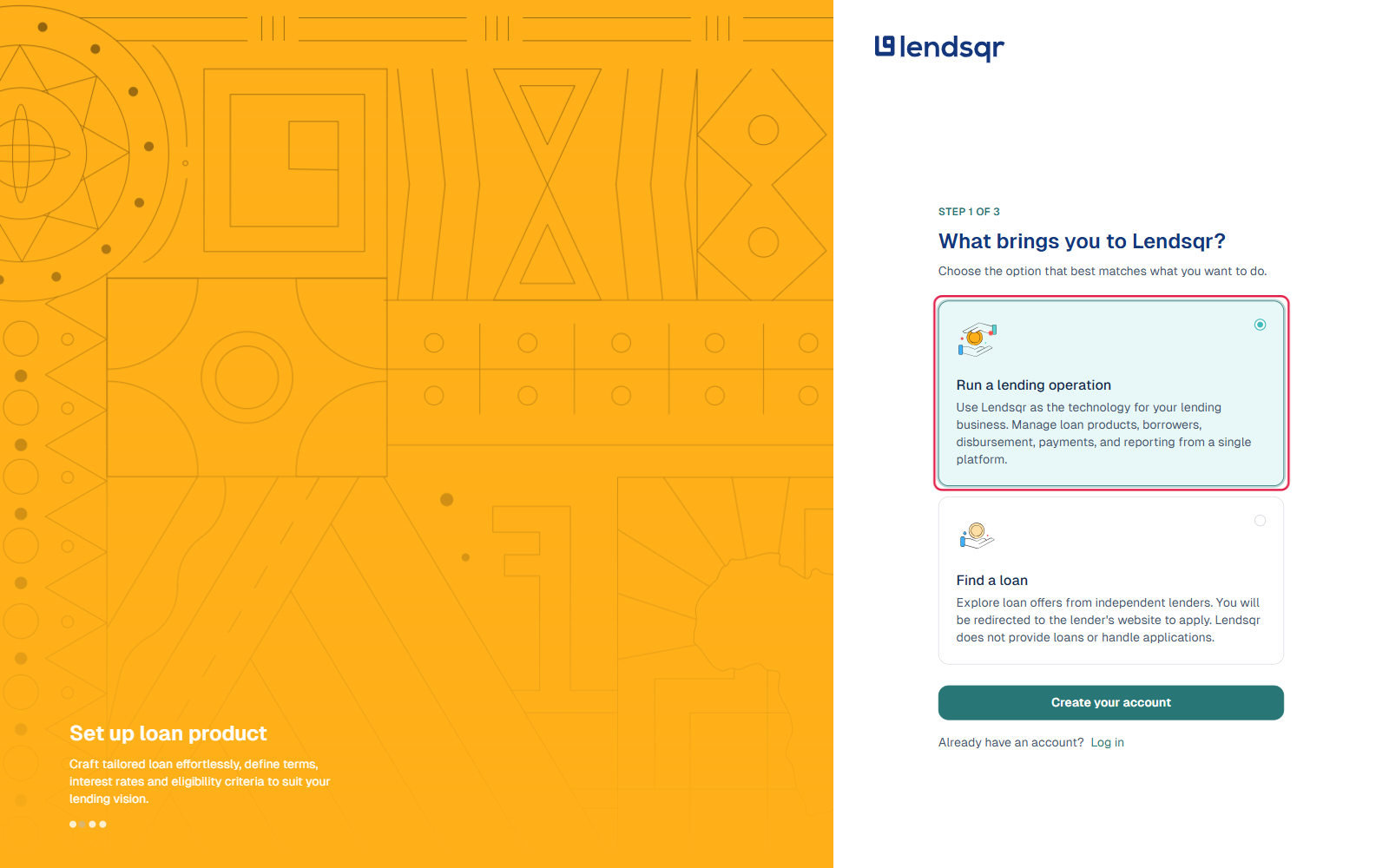 Lendsqr sign-up wizard showing the What brings you to Lendsqr role selection screen, with Run a lending operation selected