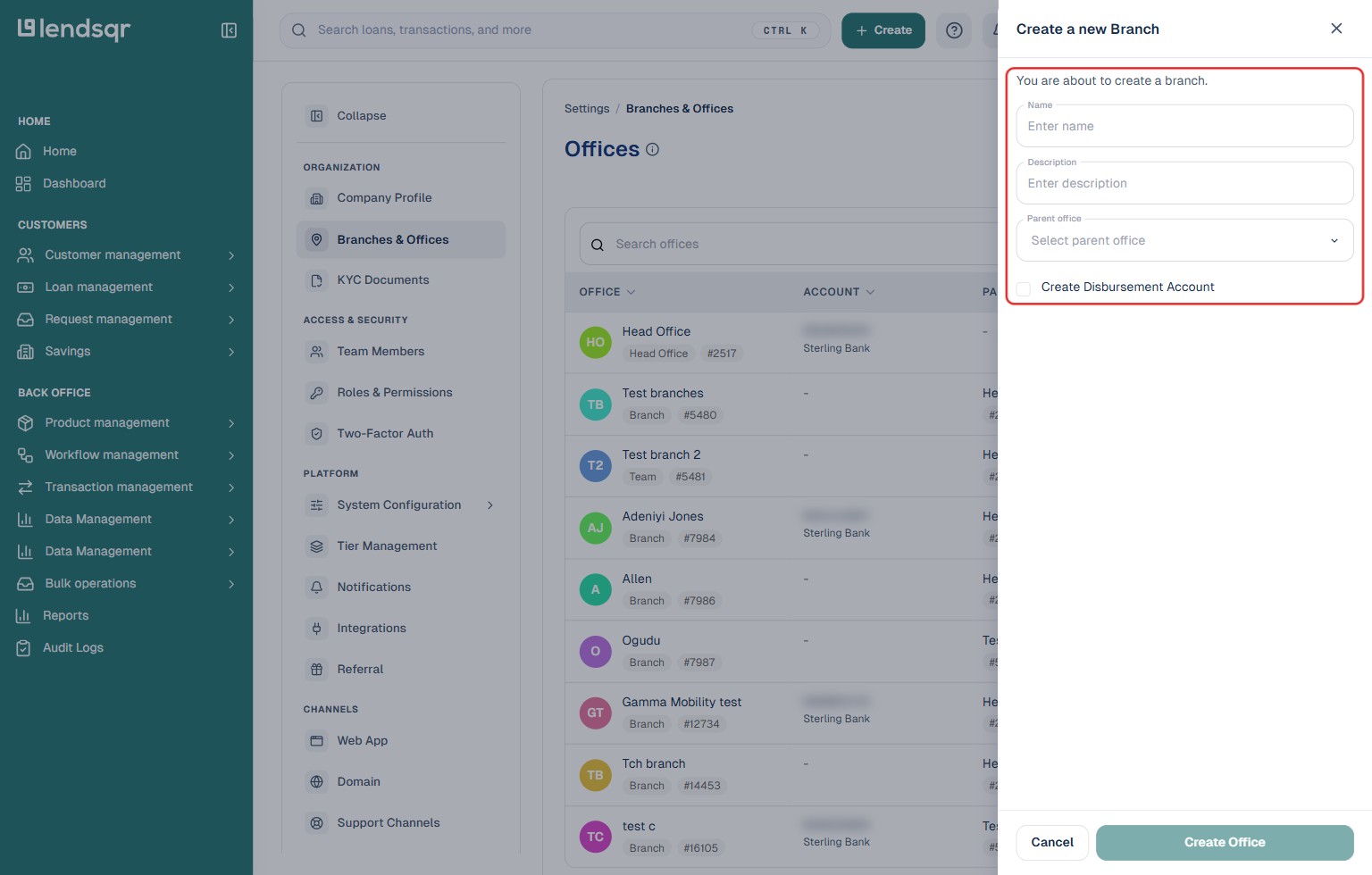 Lendsqr admin console Create a new Branch panel with the Name, Description, Parent office, and Create Disbursement Account fields highlighted