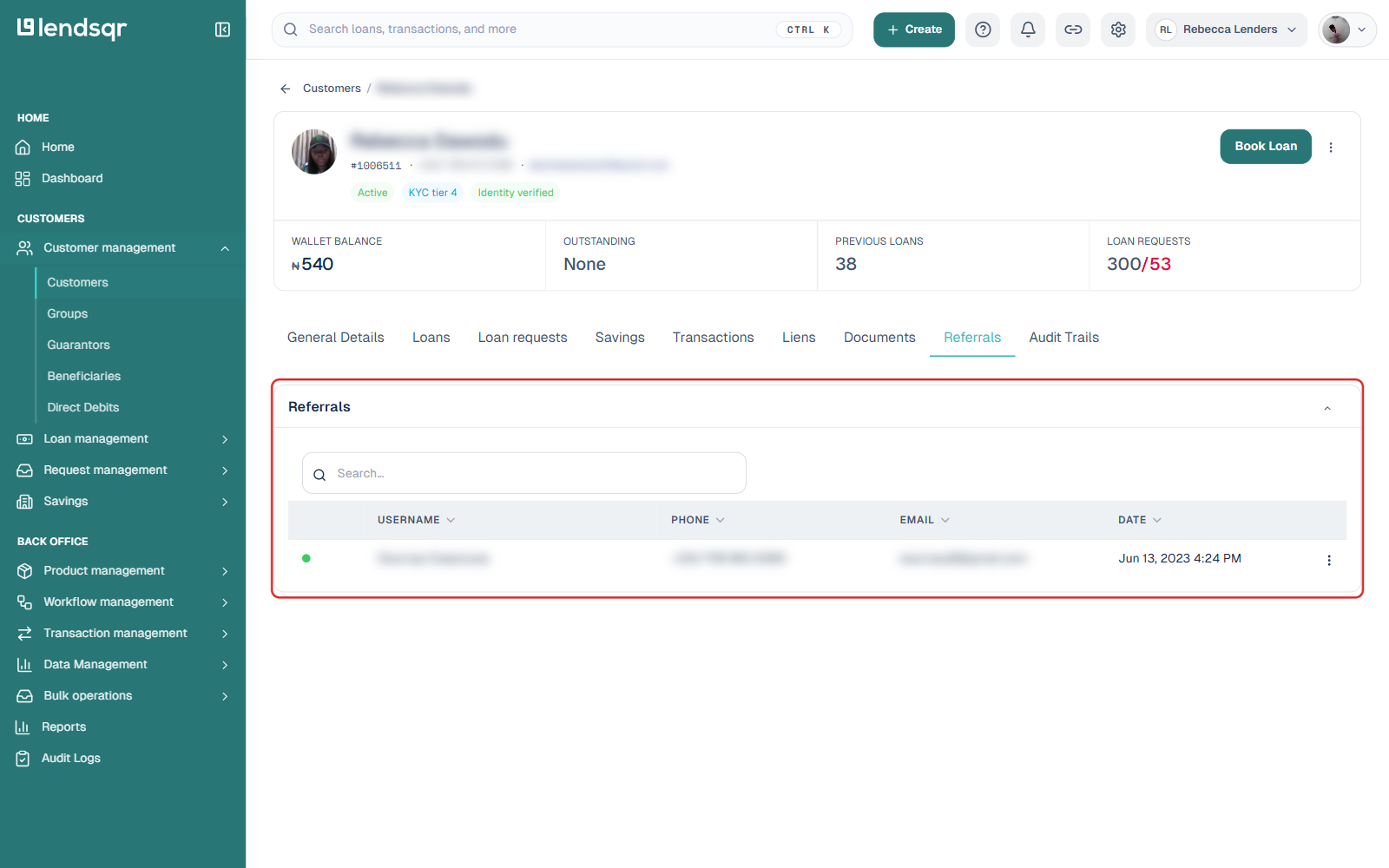 Referrals tab on a customer profile showing a table of people referred by this customer with username, phone, email, and date columns